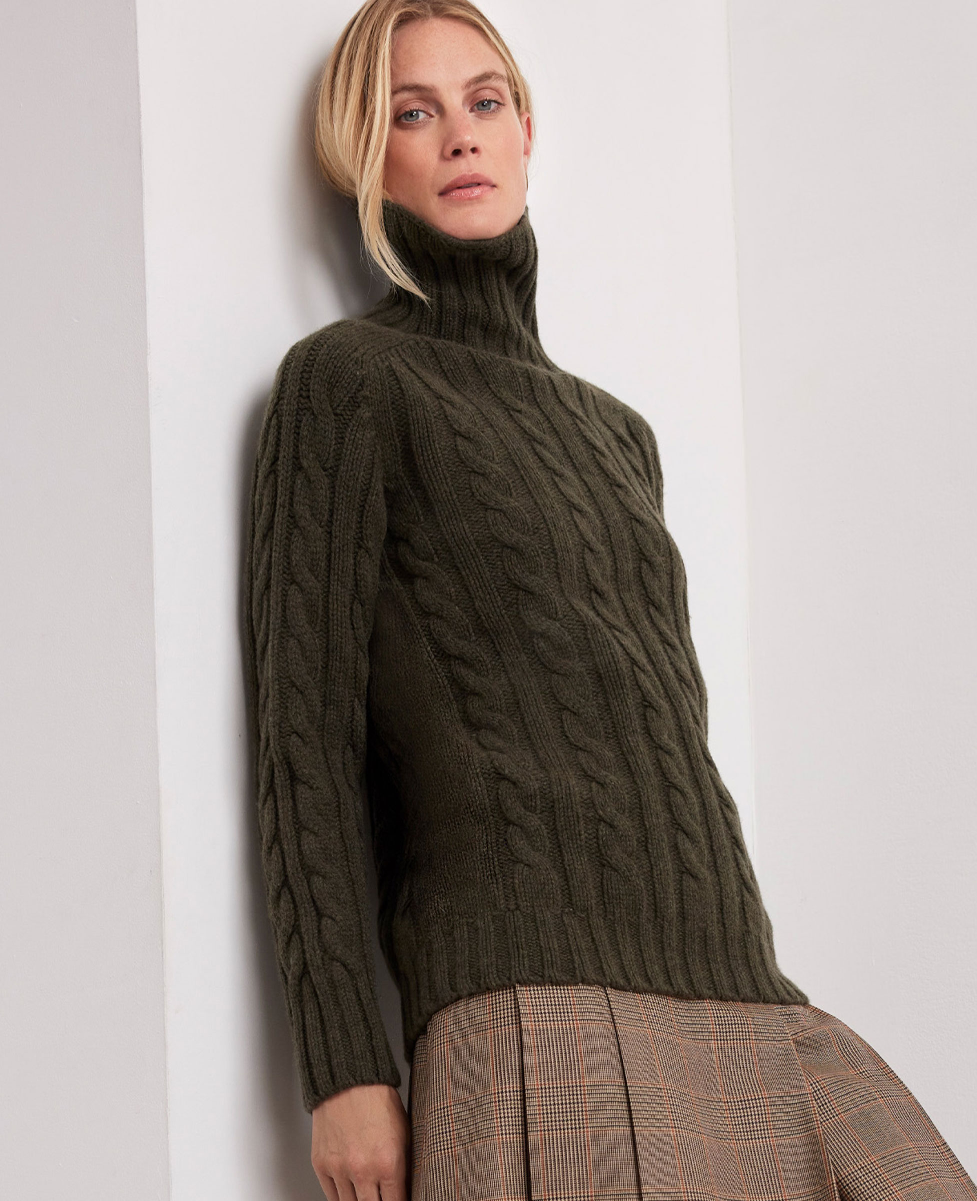 Chunky Cable Knit Roll Neck Wool Jumper
