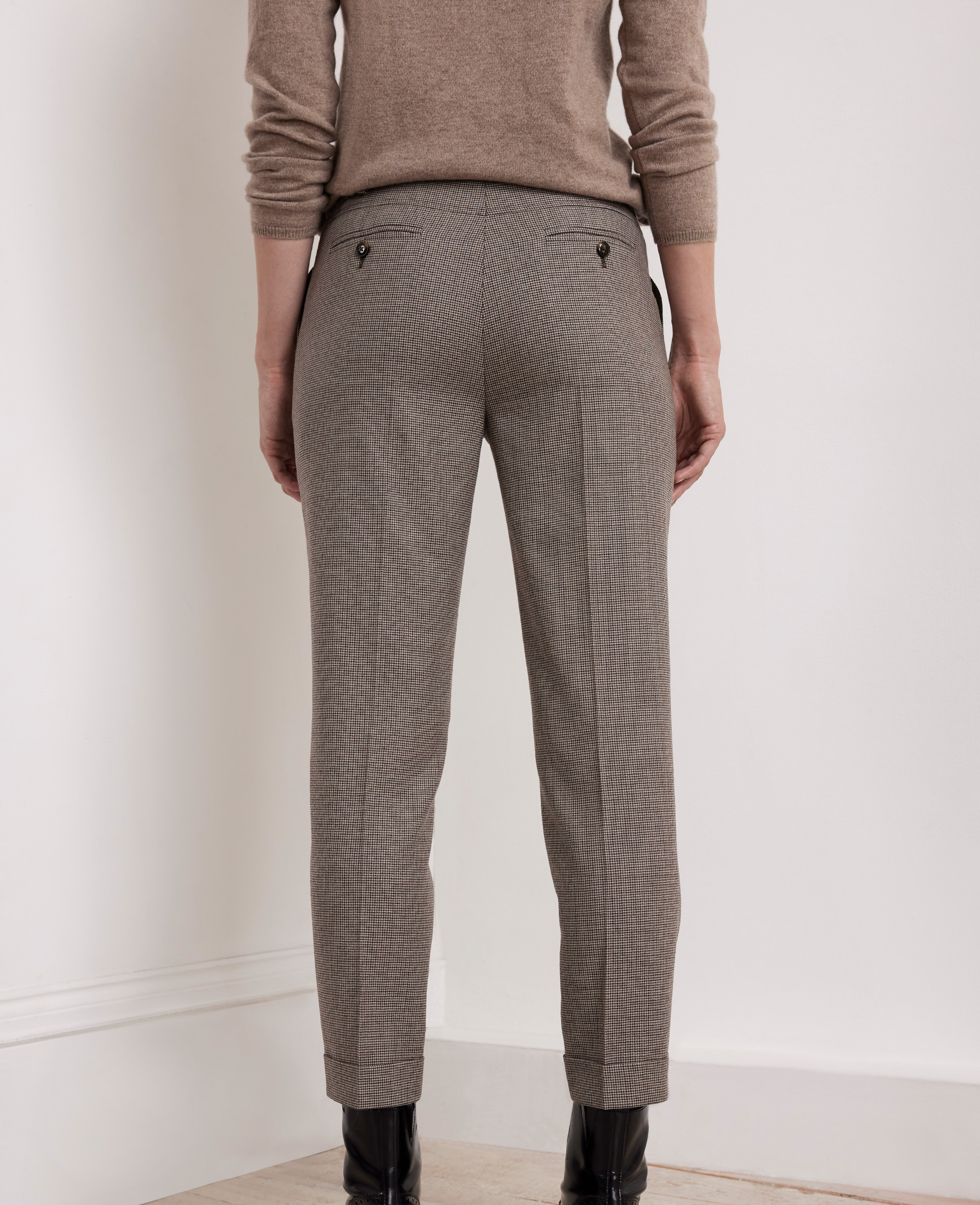 Turn Up Houndstooth Check Wool Trousers