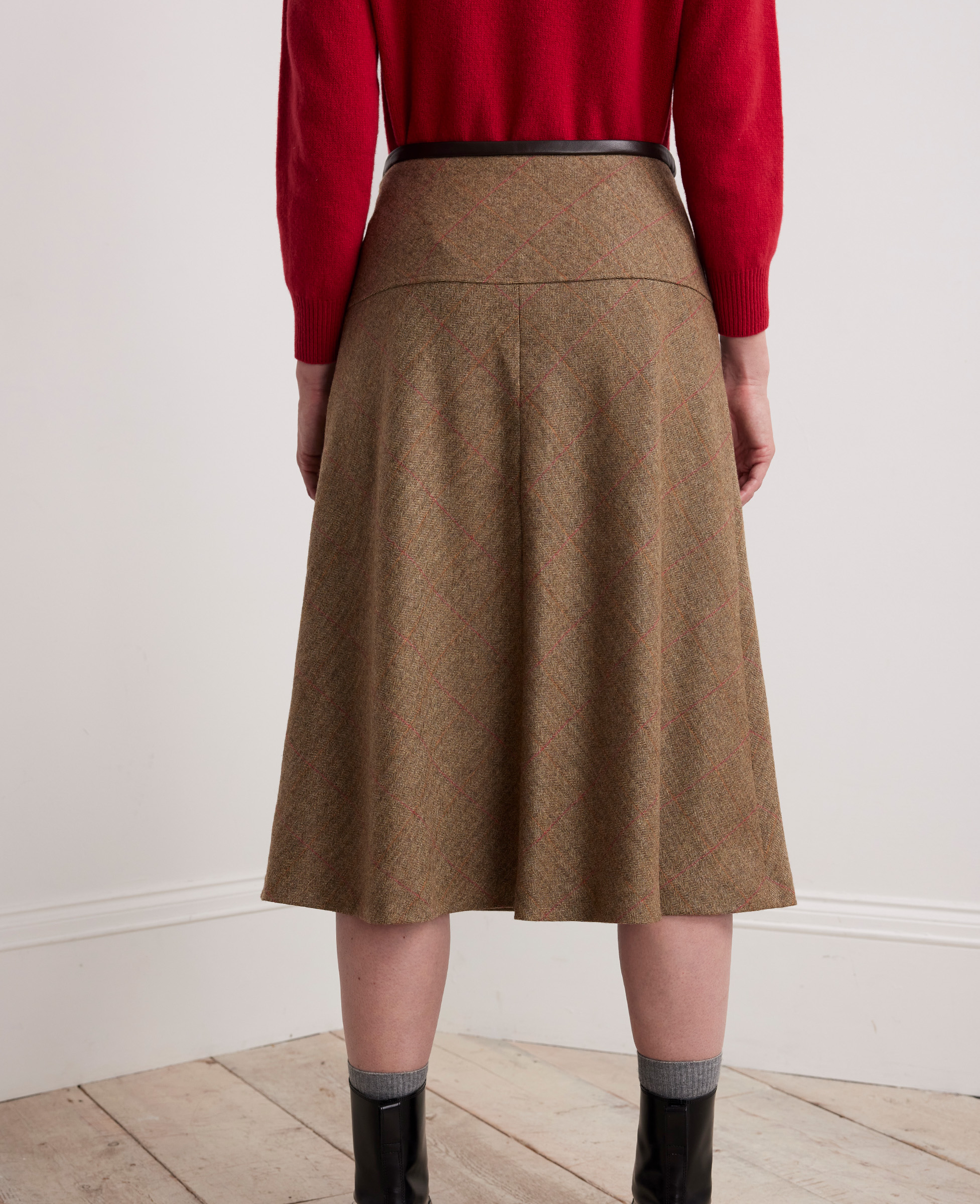 Leather Waistband Wool Tweed Midi Skirt