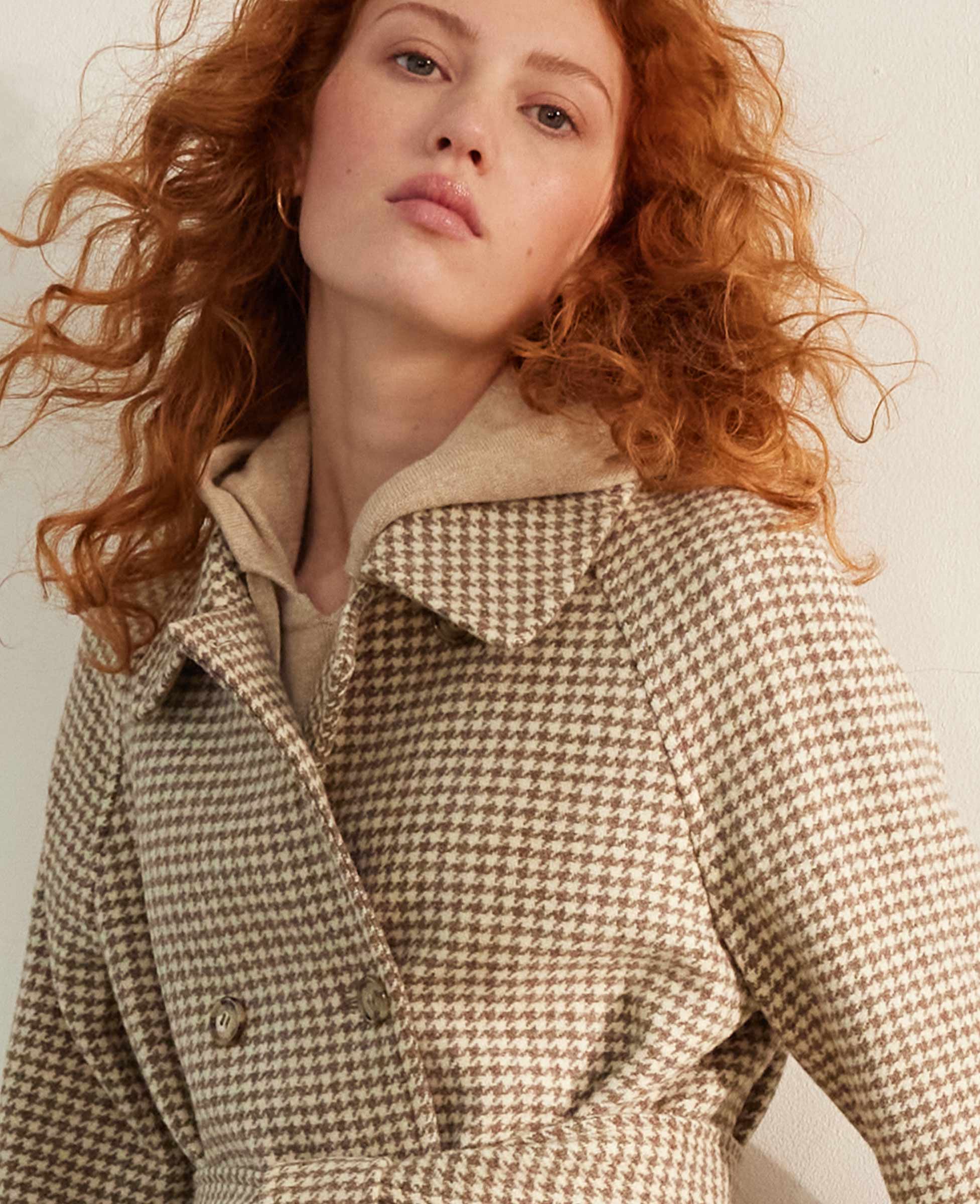 Belted Houndstooth Check Wool Coat
