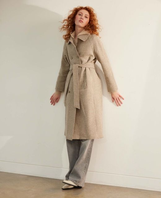 Really Wild
                            Belted Houndstooth Check Wool Coat Main Image
