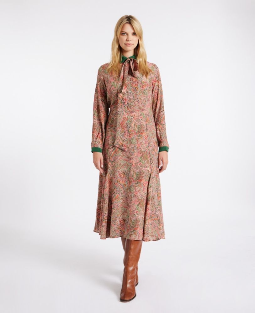 Liberty Print Silk Collared Tie Neck Dress, Ivy/Red Paisley | Dresses | Really Wild | Model Shot