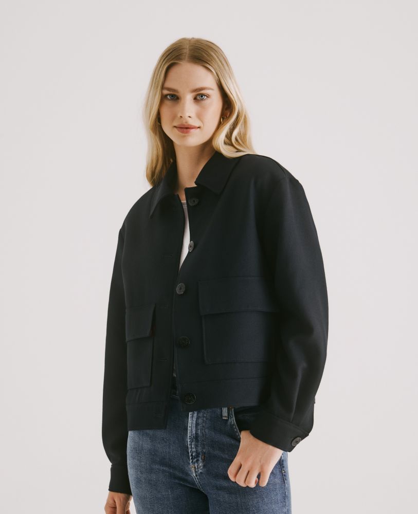 Hampstead Wool Cropped Jacket, Navy | Really Wild Clothing | Model Close Up