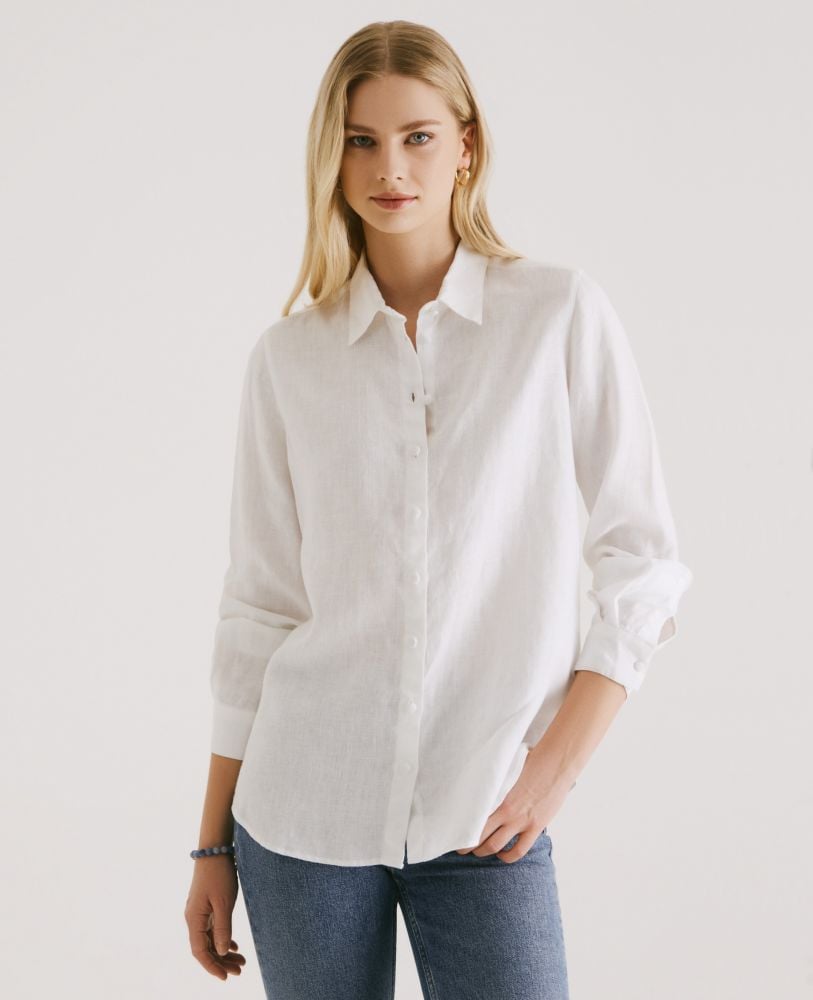 Linen Classic Long Sleeve Shirt, White | Really Wild Clothing | Model Detail