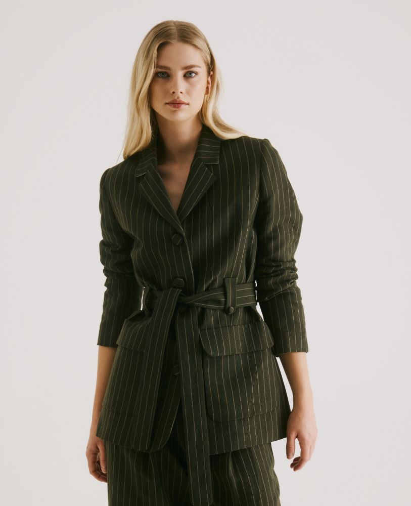 Linen Blend Belted Jacket, Khaki Pinstripe | Really Wild | Front Model Image Detail Shot 