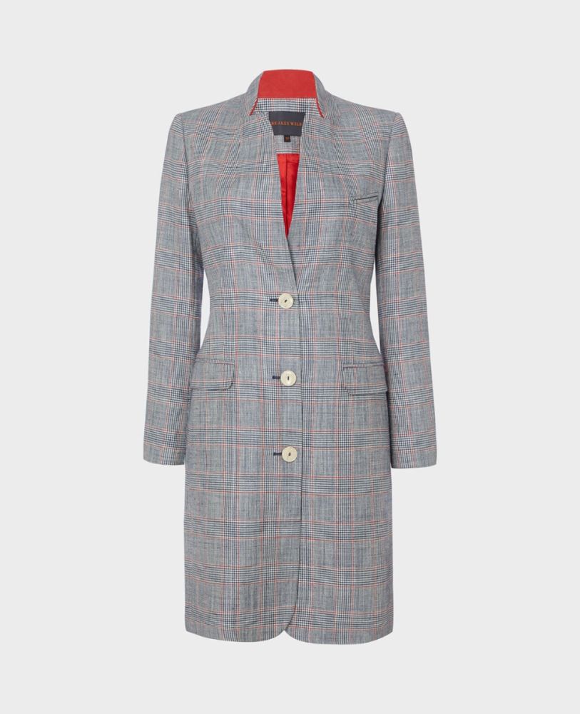 Harrington Linen Blend Tweed Coat in Navy Red Check | Really Wild Clothing | Coats | Front image 