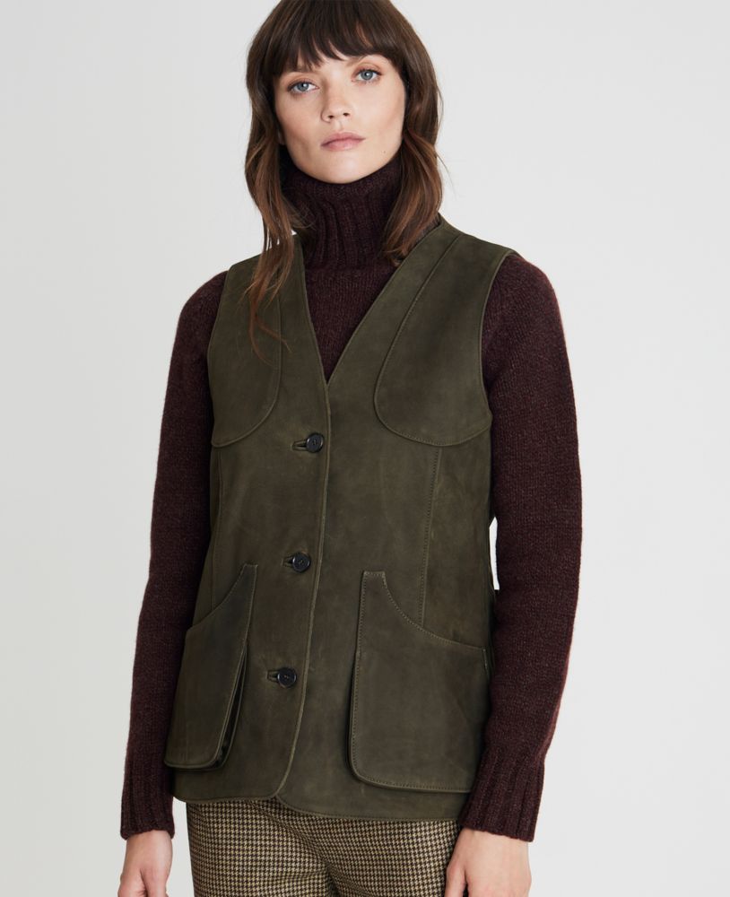 Nubuck Leather Waistcoat in Loden | Really Wild Clothing | Luxury Country Clothing | Model Detail Image