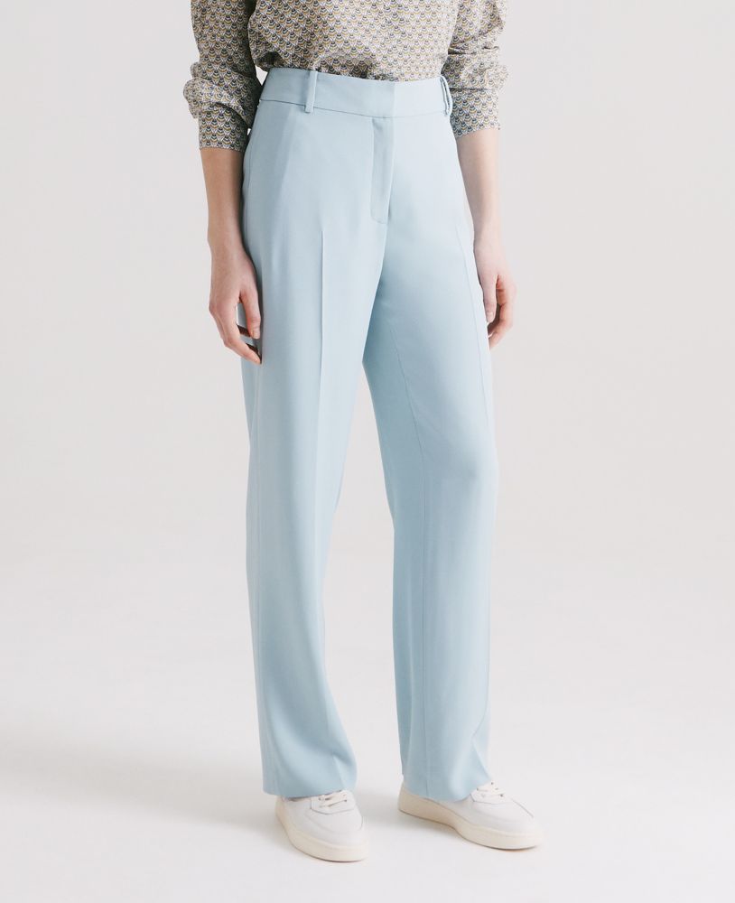 Wide Leg Trousers, Opal Blue | Really Wild Clothing |  Model Front Close Up