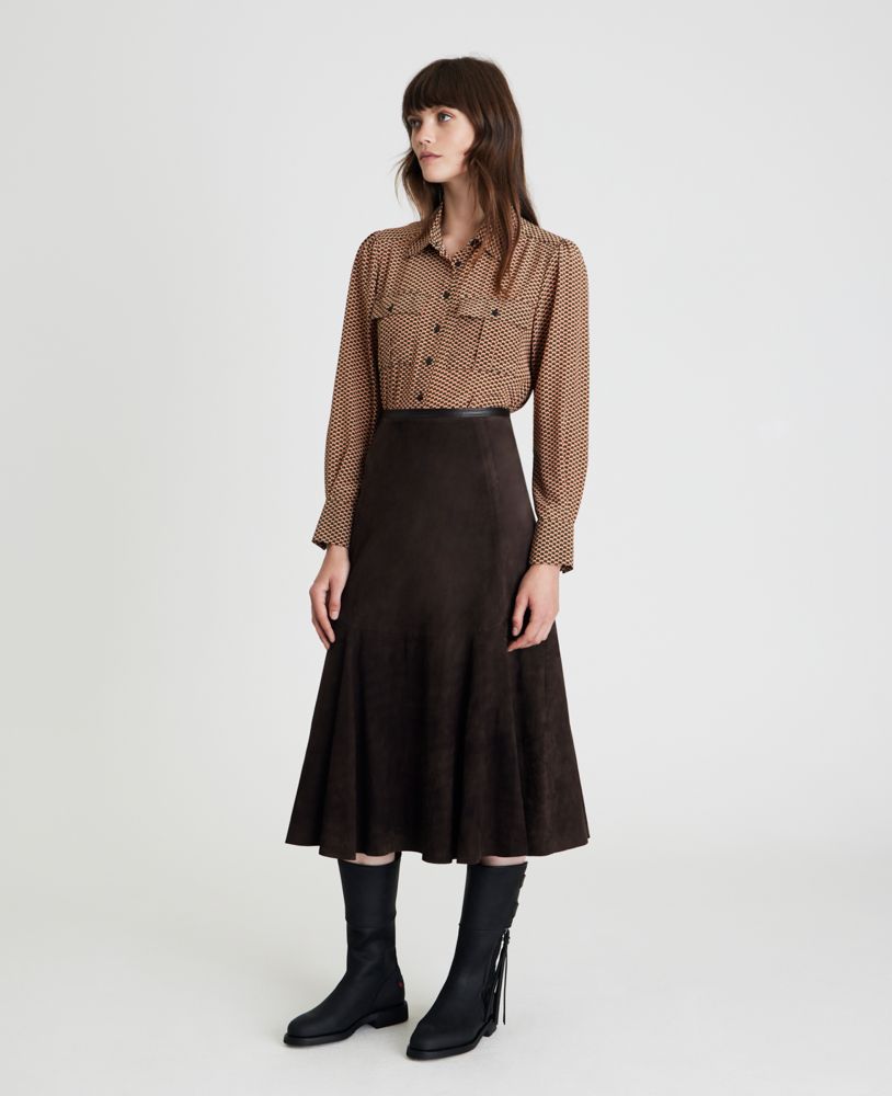 Flippy Suede Skirt Nutmeg | Really Wild Clothing | Luxury Country Clothing | Model Front Image
