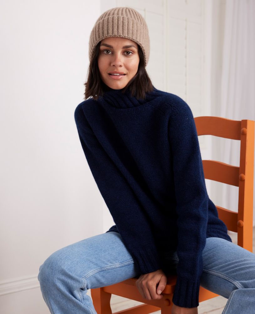 Chunky Knit Roll Neck Wool Jumper, Navy Marl | Really Wild | Model Image One 