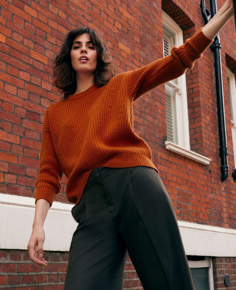 Ribbed Crew Neck Cashmere and Wool Blend Jumper, Burnt Orange | Really Wild | Lifestyle shot one