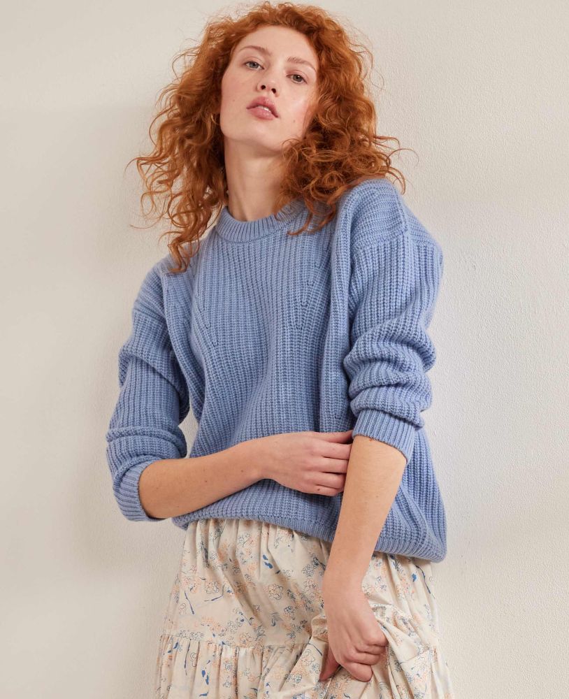 Ribbed Crew Neck Cashmere and Wool Blend Jumper, Soft Blue | Really Wild | Model Front