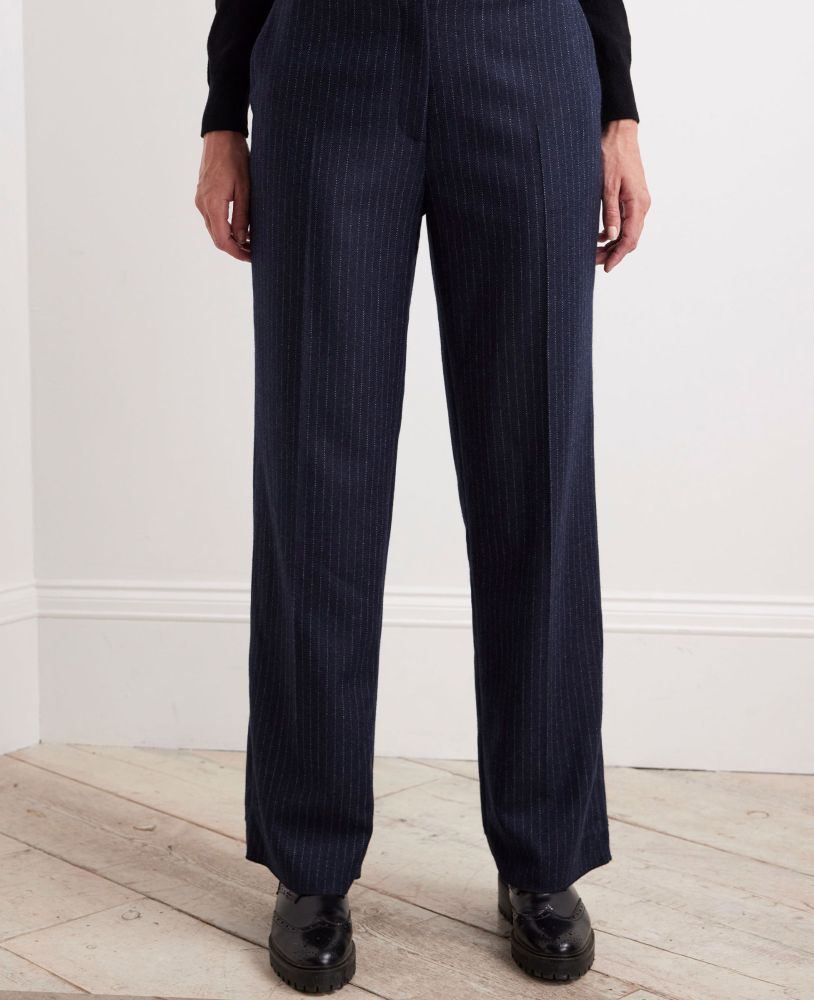 Pinstripe Wide Leg Wool Trousers, Navy Pinstripe | Really Wild Clothing | Model Front Close Up
