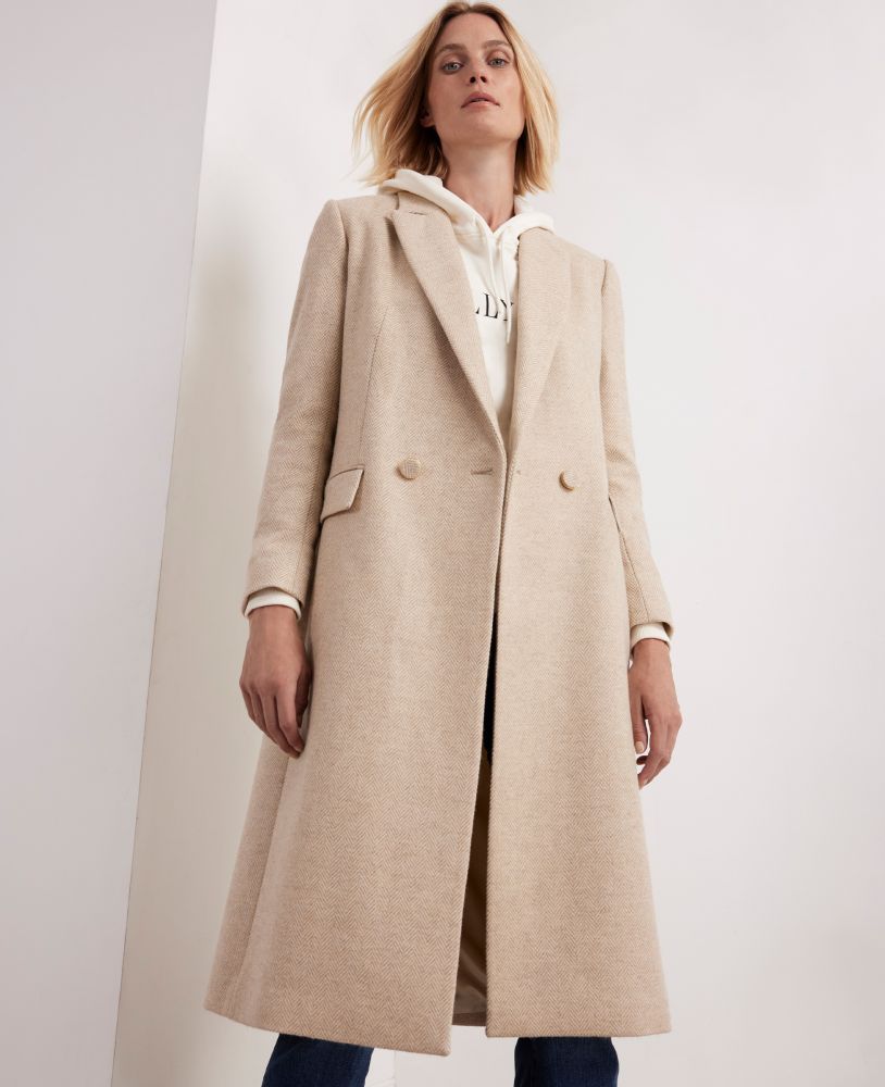 Double-breasted Wool Coat, Wheat Herringbone | Really Wild | Model Front