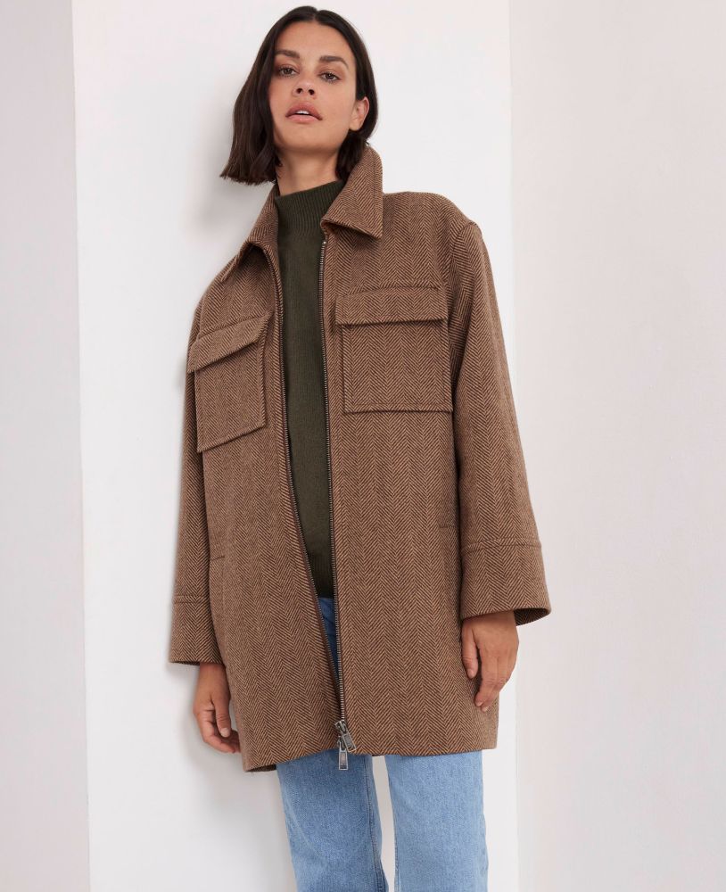 Utility Wool Coat, Camel Brown Herringbone | Really Wild | Model Front