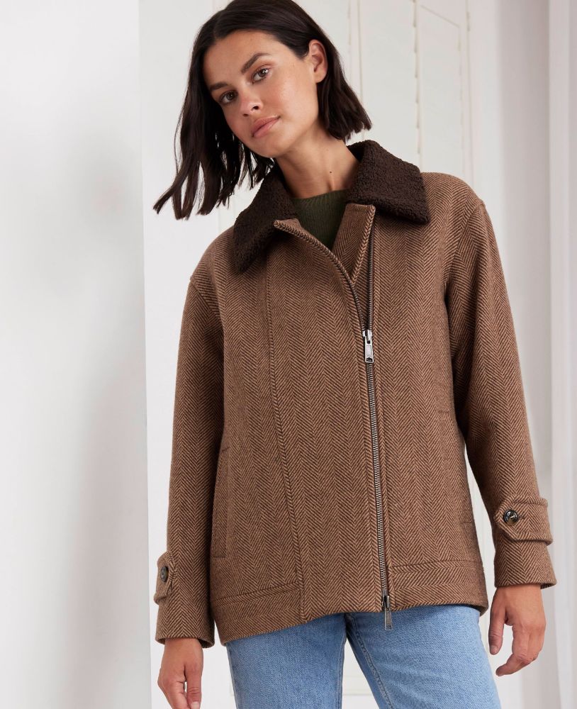 Tweed Aviator Wool Jacket, Caramel Brown Herringbone | Really Wild | Model Front Zipped Up