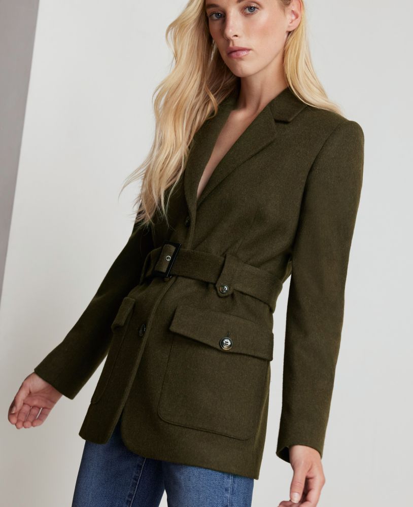 Belted Wool and Alpaca Blend Jacket, Khaki Green | Really Wild | Model Image One