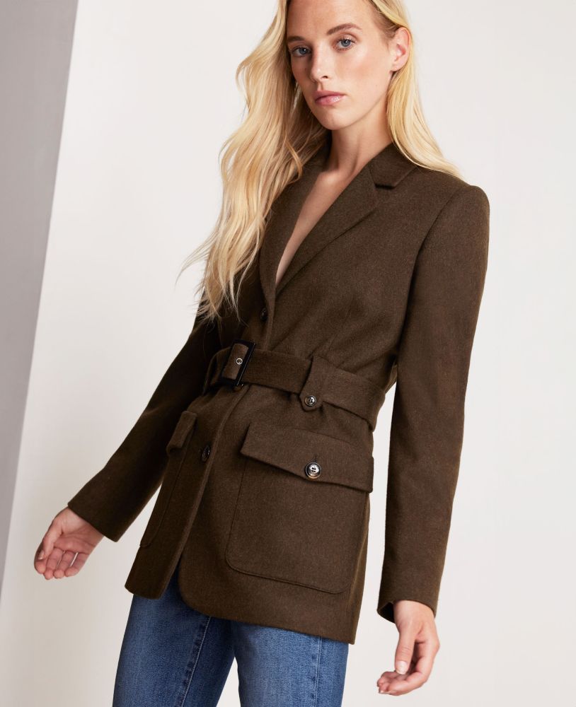 Belted Wool and Alpaca Blend Jacket, Khaki Green | Really Wild | Model Image Two