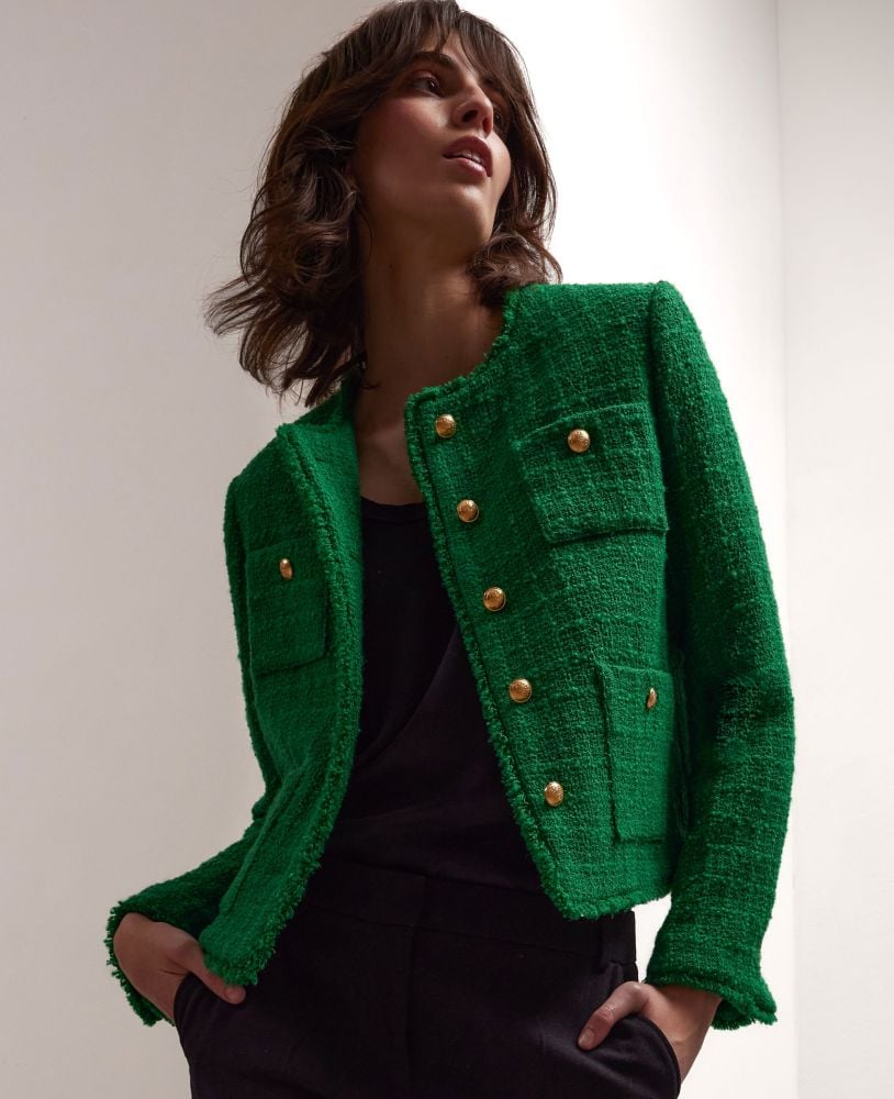 Cropped Boucle Wool Jacket, Emerald Green | Really Wild | Model Front
