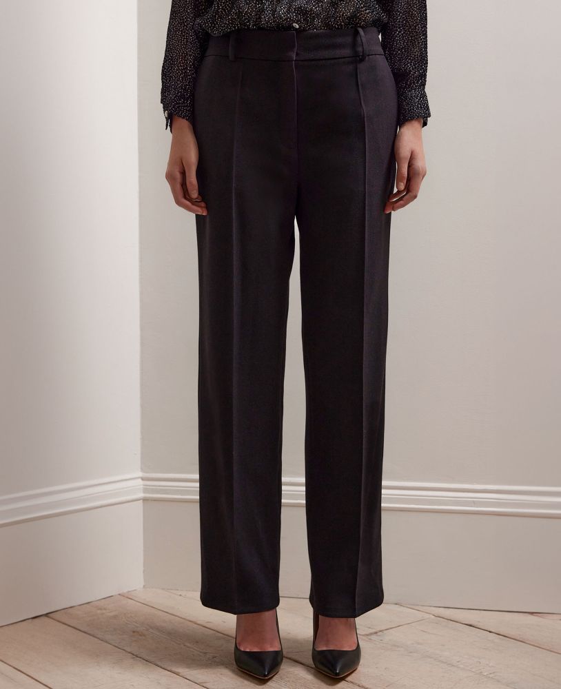 Wide Leg Wool Blend Trousers, Black | Really Wild | Model Front Close Up