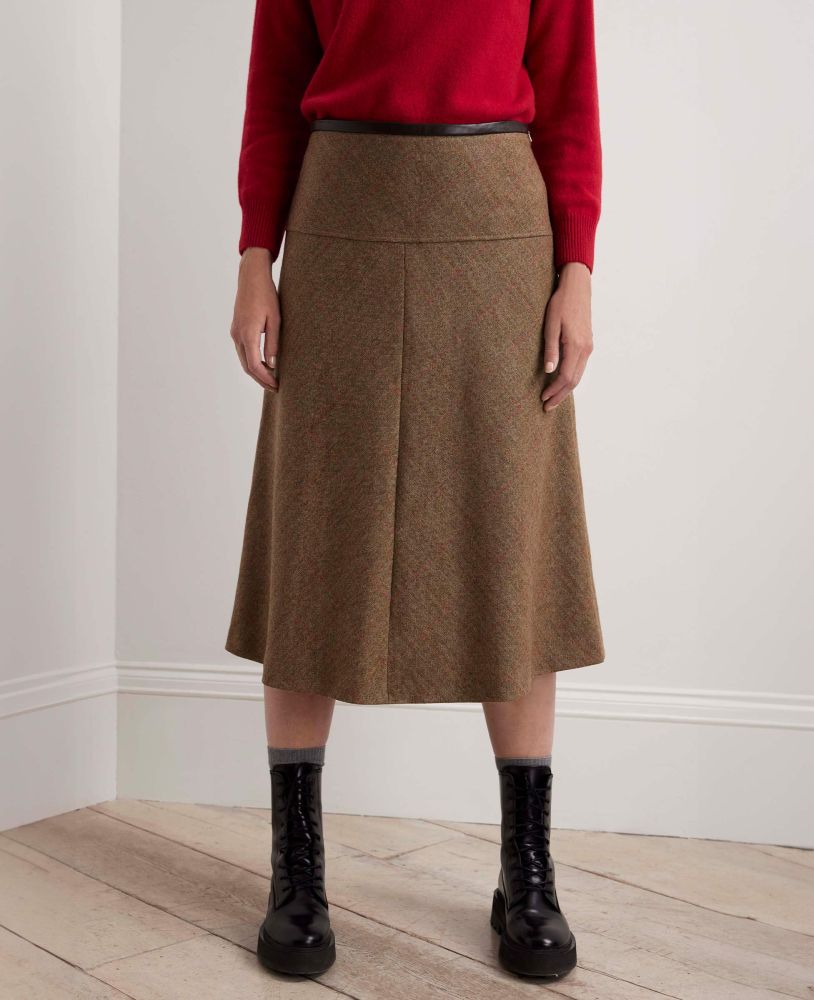 Leather Waistband Wool Tweed Midi Skirt, Hazel Red | Really Wild | Model Image One
