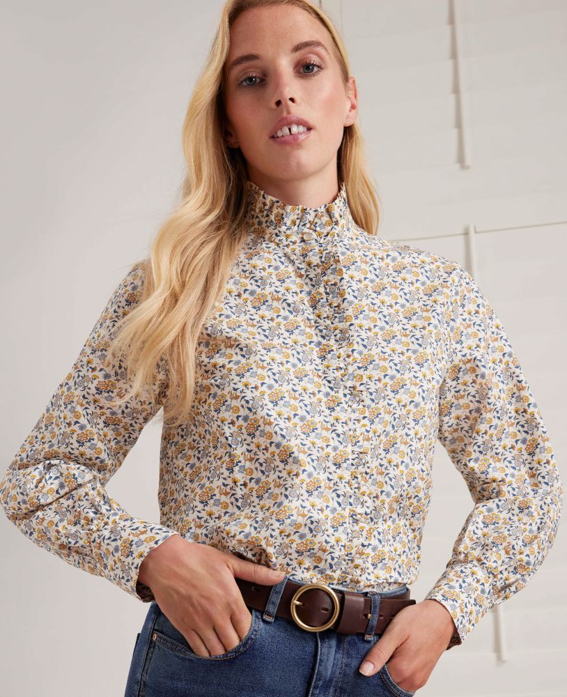 Floral Deep Frill Liberty Cotton Blouse, Blue Yellow Floral | Really Wild | Model Front