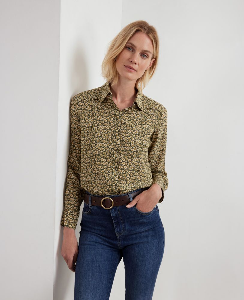 Liberty Print Silk Pleated Shirt, Ivy Green | Really Wild | Model Image One