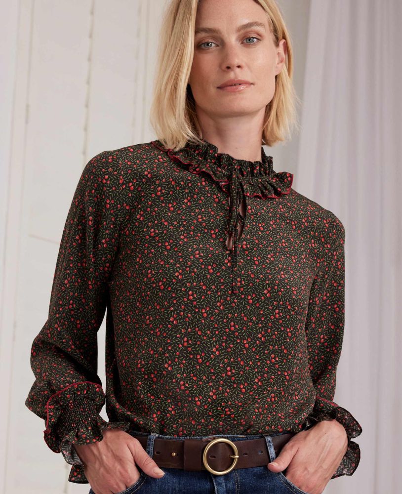 Liberty Print Silk Shirred Neck Blouse, Red Green Cherry | Really Wild | Model Two