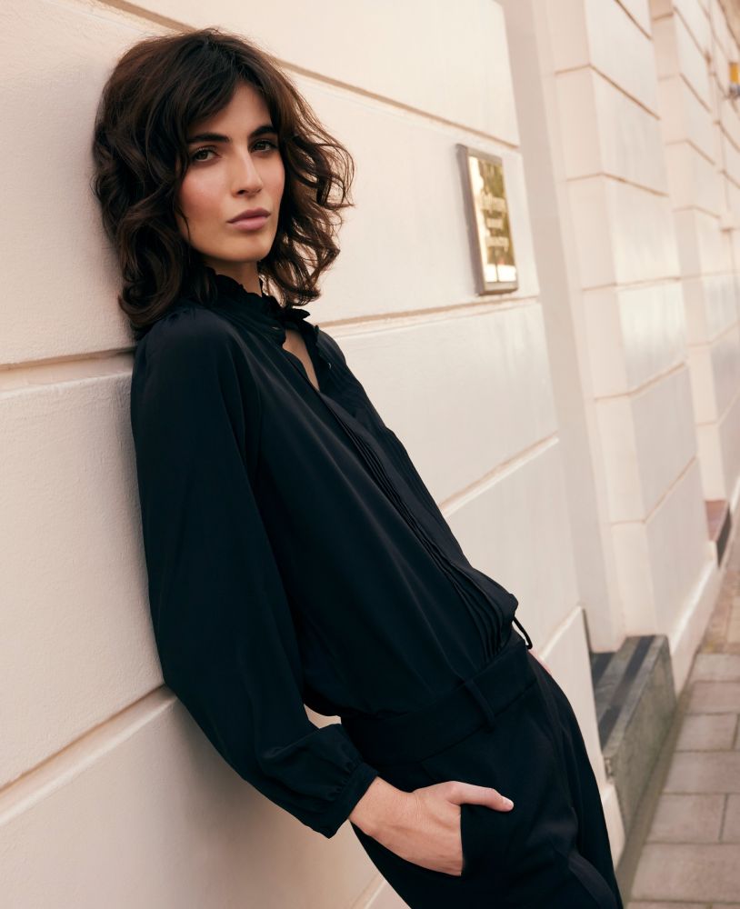 Pintuck Frill Collar Silk Blouse, Black | Really Wild |  Model Campaign
