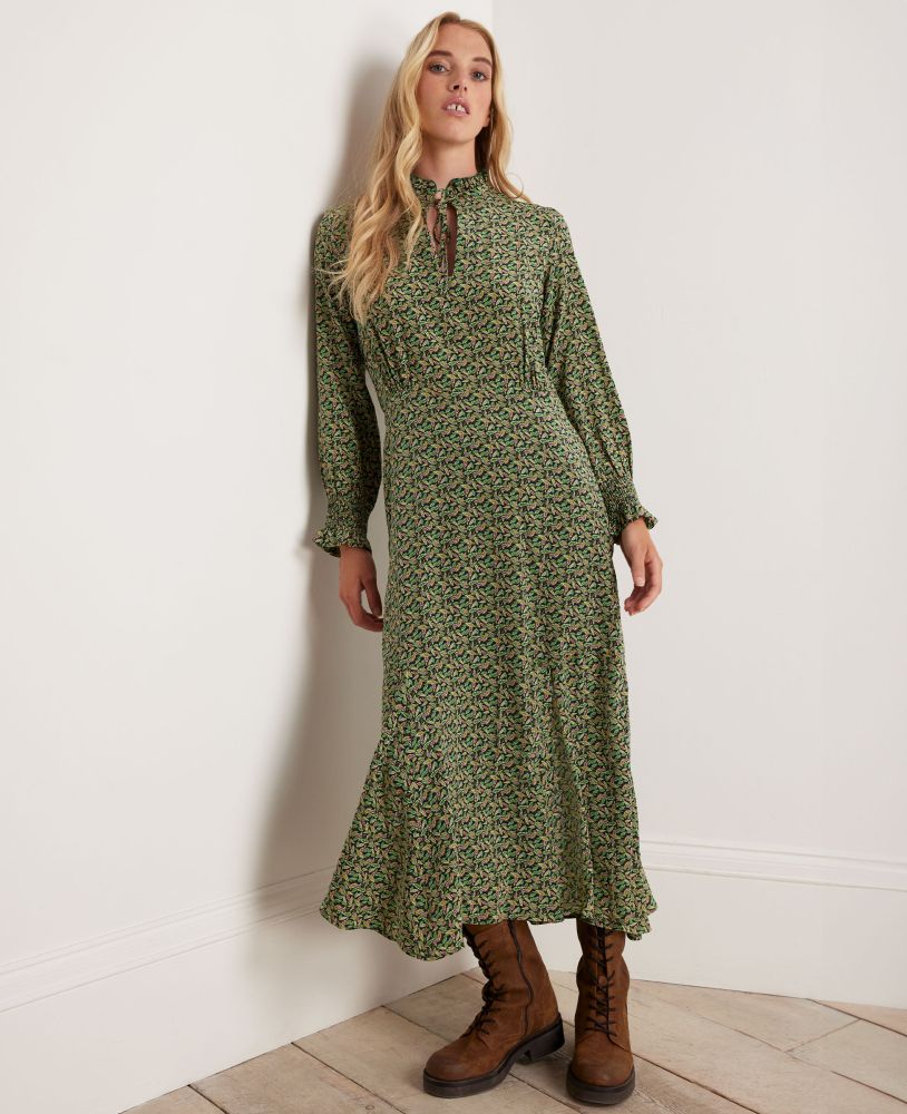 Liberty Print Silk Pleated Dress, Green Leaves | Really Wild | Model Image One