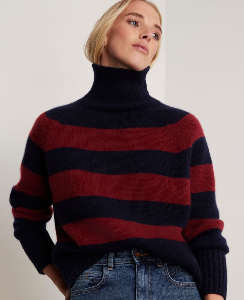 Cashmere Stripe Roll Neck Jumper, Navy Blue Maroon | Really Wild | Model Campaign
