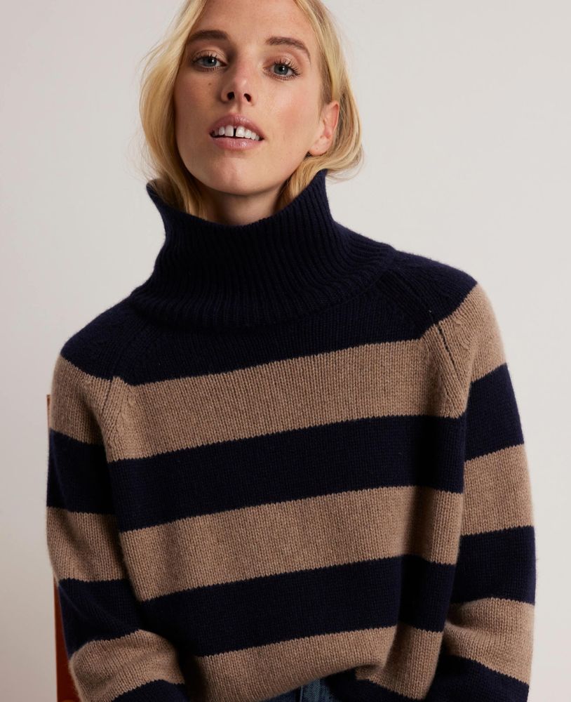 Cashmere Stripe Roll Neck Jumper, Navy Blue Taupe | Really Wild | Model Front