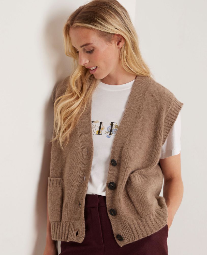 Cashmere Sleeveless Cardigan, Taupe | Really Wild | Model Front