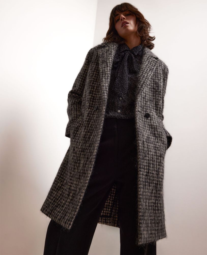 Cheshire Wool And Mohair Blend Coat, Black Cream Dogtooth | Really Wild | Studio Front 2