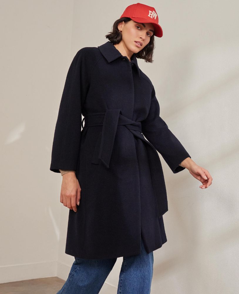 Belted Wool Blend Coat, Navy | Really Wild | Model Front