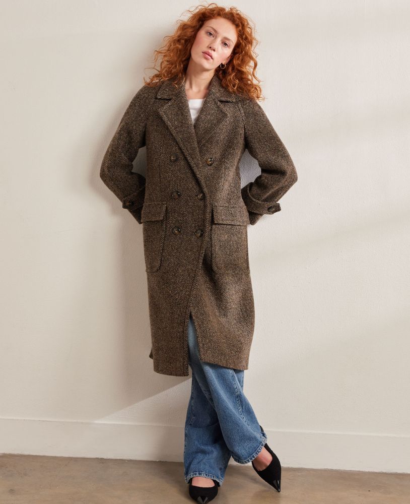 Hilliard Double Breasted Herringbone Tweed Coat, Brown Herringbone | Tweed Coat | Really Wild Clothing | Model Front