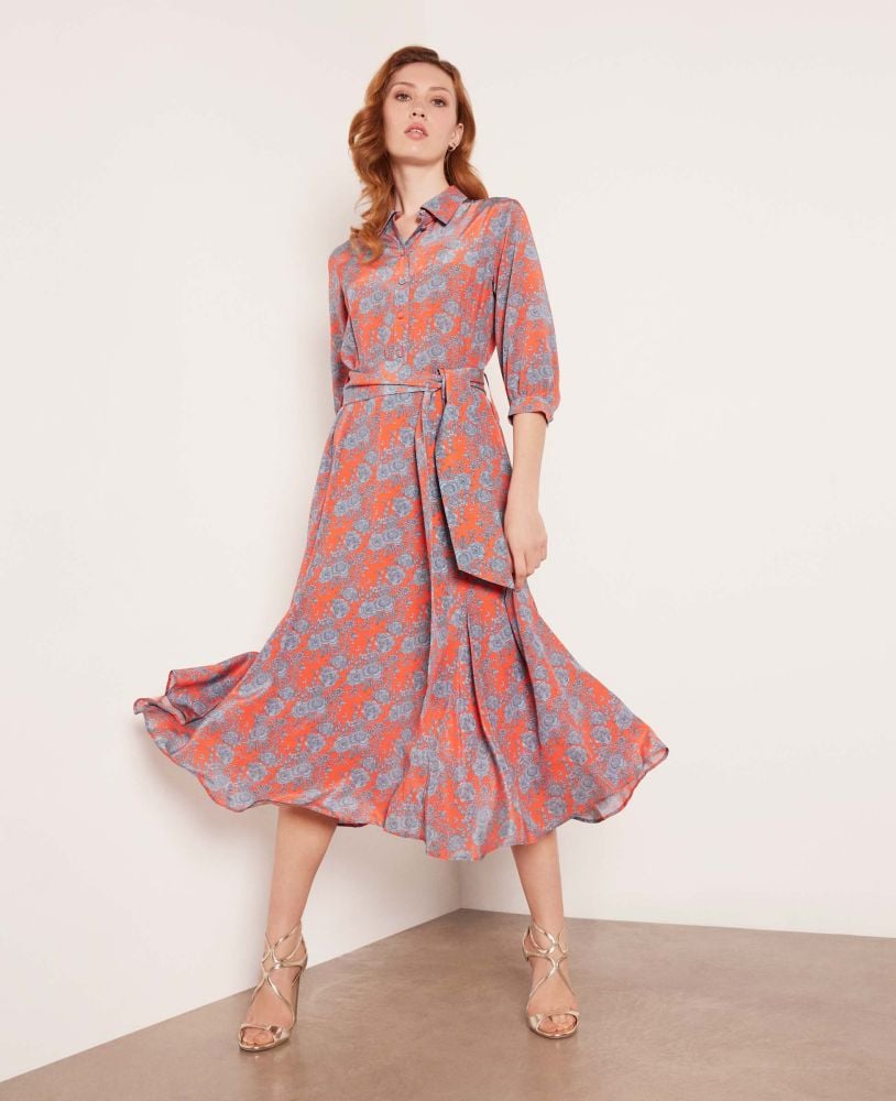 Christy Liberty Printed Floral Silk Midi Shirt Dress, Red | Really Wild Clothing | Model Front
