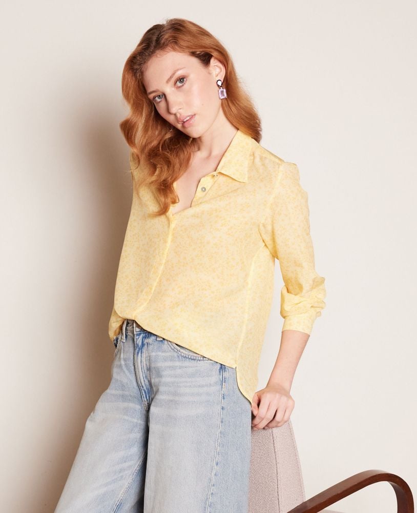 Print Silk Relaxed Shirt, Yellow | Really Wild Clothing | Model Front