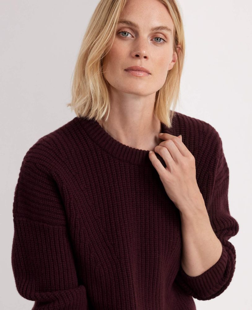 Cashmere Mix Ribbed Crew Neck Jumper in Burgundy | Really wild Clothing | Knitwear | Model Image
