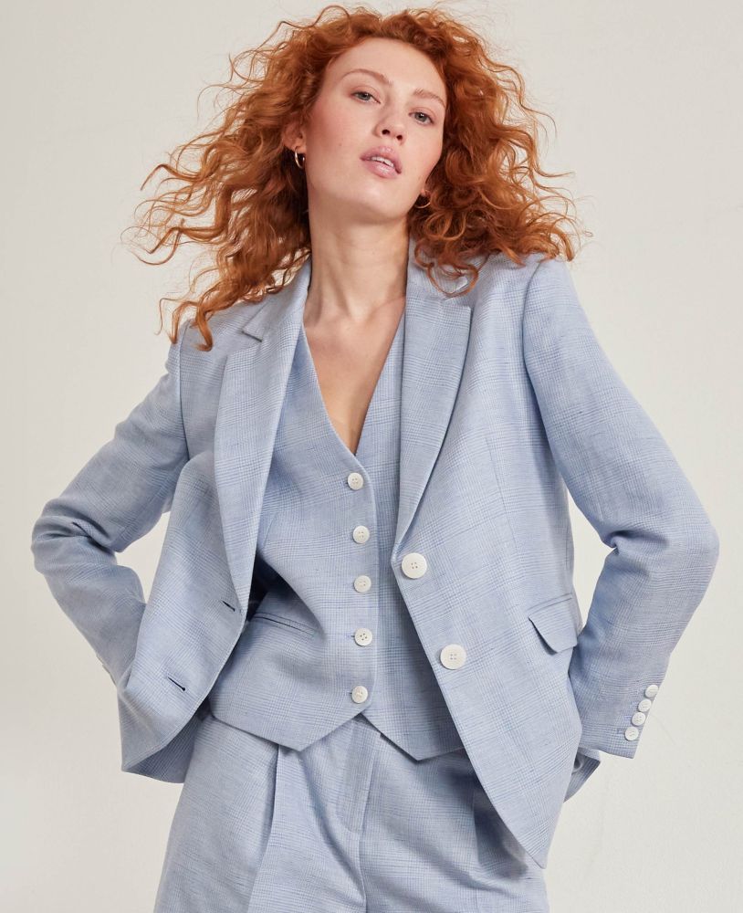 Egerton Linen Blend Jacket, Blue Cream Check | Really Wild Clothing | Model Front