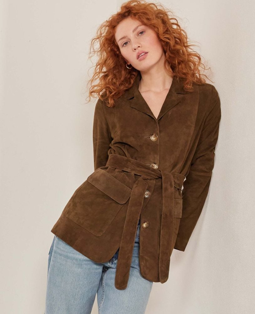 Clifford Suede Belted Jacket, Khaki | Really Wild Clothing | Model Edit 