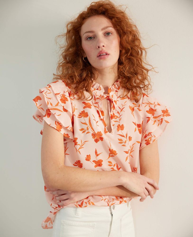 Frill Tie Neck Top, Coral Pink | Really Wild Clothing | Model Close up