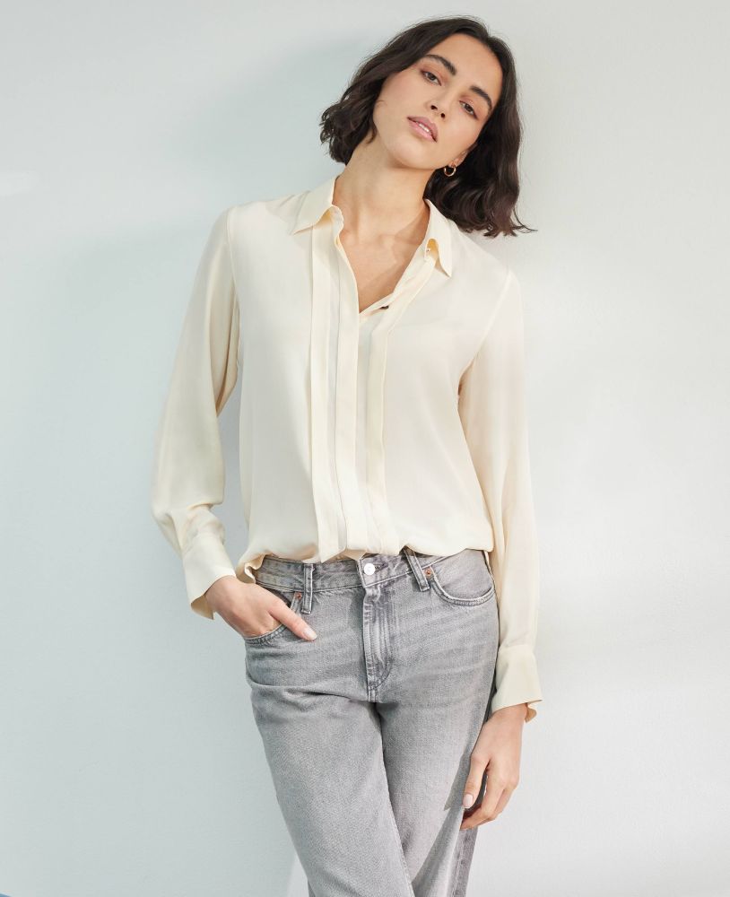 Pintuck Placket Detail Silk Shirt, Cream | Really Wild Clothing | Model Image