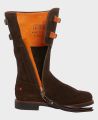 Biker Boots in Chocolate Suede | Really Wild Clothing | Footwear | Side image, open zip to show orange lining 