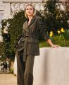 Linen Blend Belted Jacket, Khaki Pinstripe | Really Wild | Model Editorial