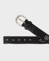 Italian Leather Enamel Studded Belt in Black | Really Wild Clothing | Accessories | Detail of Silver Buckle and buckle holes 