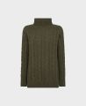 Chunky Cable Knit Roll Neck Wool Jumper, Loden | Really Wild | Flatshot One
 
