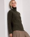 Chunky Cable Knit Roll Neck Wool Jumper, Loden | Really Wild | Model Image One
