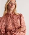 Liberty Print Silk Ruffle Front Dress, Orange Pink Floral | Really Wild | Model Fabric Detail