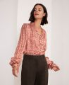 Liberty Print Silk V-neck Frill Blouse, Orange Pink Floral | Really Wild | Model Image Two